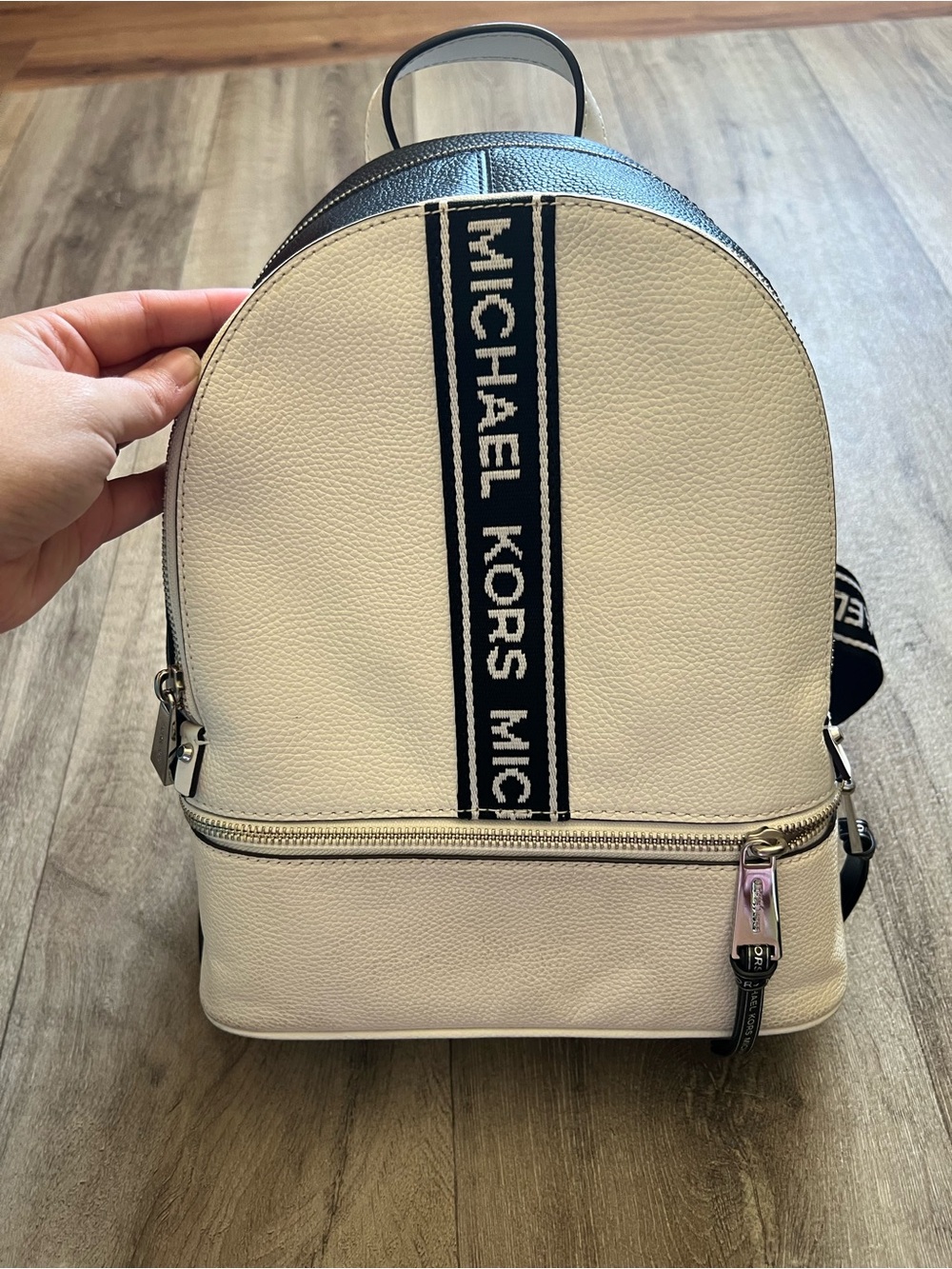 Michael Kors Rhea Medium Logo Tape Pebbled Leather Backpack White Black